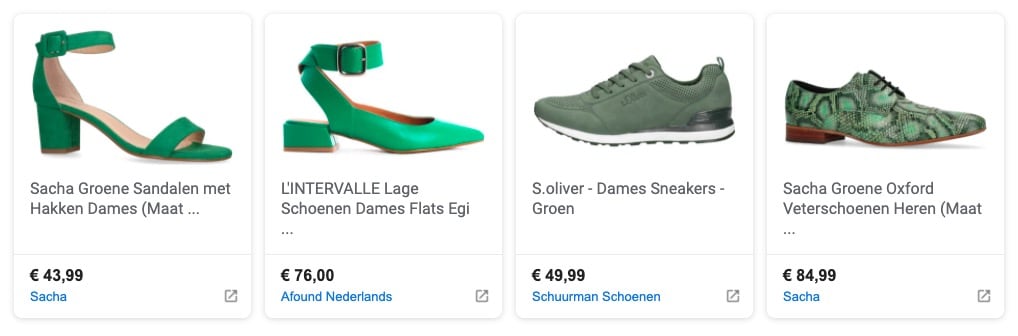 Groene schoenen in Google Shopping